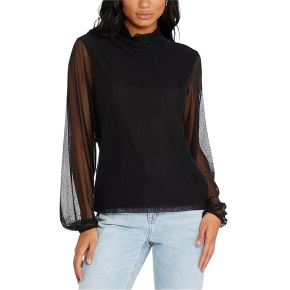 Sanctuary Tops - Sanctuary Midnight Hour Black Mock Neck Sheer Sleeve Swiss Dot Women Size S Mesh